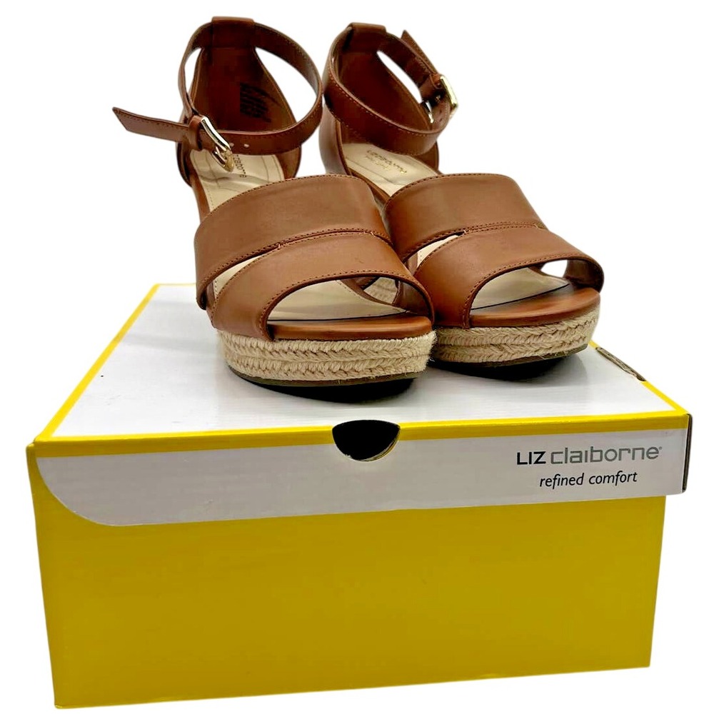 Liz Claiborne Women's Majorca Wedge Sandals Cognac Color Vegan Leather Size 7.5